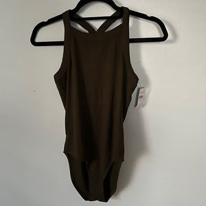 NWT LOFT medium bodysuit, olive green/brownish tint, ribbed, racerback